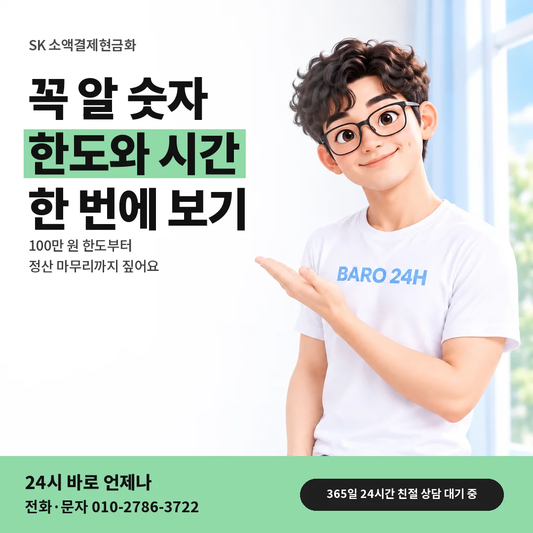 BARO 24H 티셔츠를 입은 3D 인물 옆에 「SK 소액결제현금화 숫자 안내」 제목을 얹은 안내 카드
